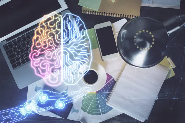 Double Exposure Brain Drawing Hologram Topview Work Table Background Computer — Stock Photo, Image