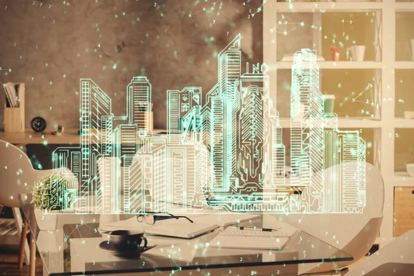 Multi exposure of town drawings and office interior background. Smart city concept.