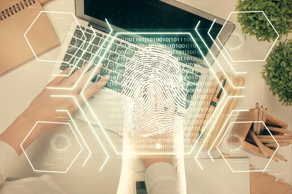 Dubbel Exponering Kvinnliga Händer Som Arbetar Dator Och Fingeravtryck Hologram — Stockfoto