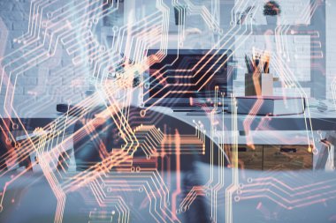 Teknoloji temalı çizimlere ve ofis içi arka planına çifte maruz kalma. Teknoloji konsepti.