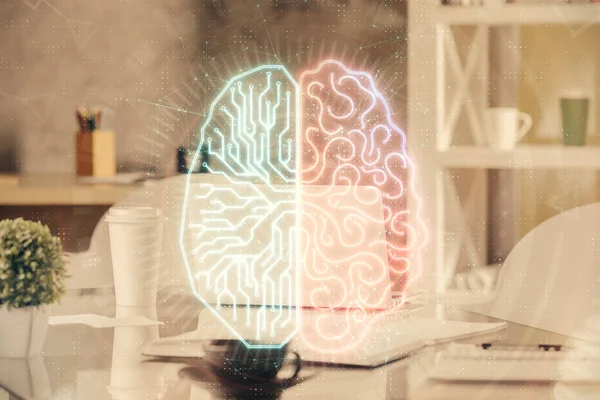 Podwójna Ekspozycja Rysowanie Mózgu Wewnętrzne Tło Biura Pojęcie Technologii Danych — Zdjęcie stockowe