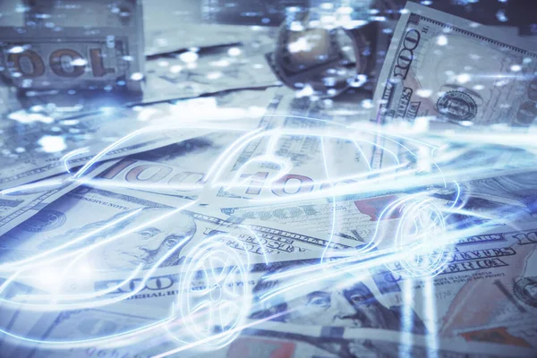 Double exposure of tech theme drawing over usa dollars bill background. Concept of autopilot ai.