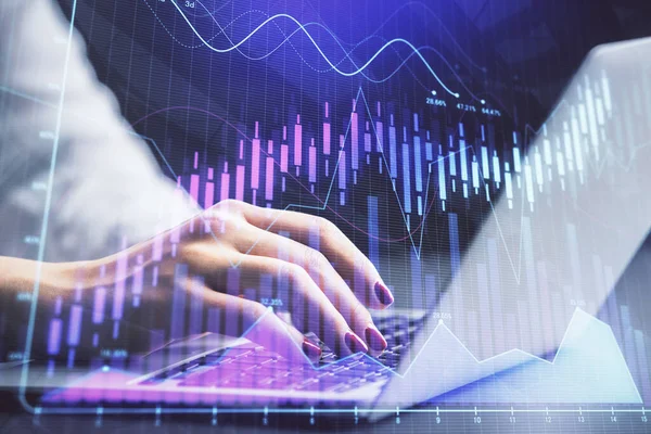 Double Exposure Businesswoman Hands Typing Computer Forex Chart Hologram Drawing — Stock Photo, Image