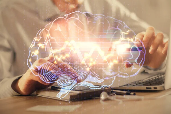 Doppelbelichtung Von Menschenhänden Beim Tippen Computer Mit Kreditkarte Und Gehirnzeichnung — Stockfoto