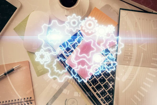 デスクトップの背景にコンピュータ上のビジネステーマのホログラム図面 最上階だ 多重露光 国際的なつながりの概念 — ストック写真