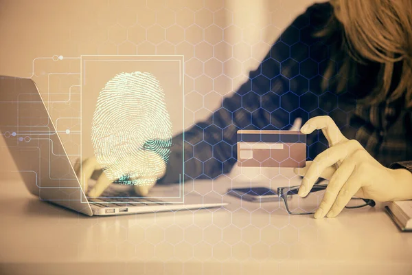 Multi Exposure Woman Line Shopping Holding Credit Card Finger Print — Stock Photo, Image