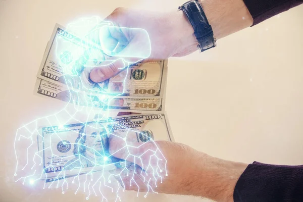 Wielokrotna Ekspozycja Okularów Rysunek Hologram Usa Dolarów Rachunki Ręce Człowieka — Zdjęcie stockowe