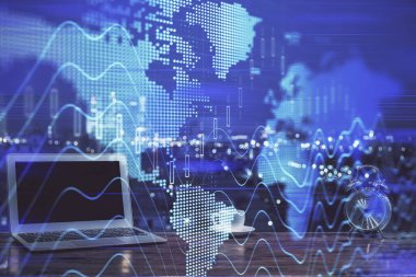 Arka planda eski pazar grafik hologramı ve kişisel bilgisayar var. Çifte maruziyet. Yatırım kavramı.