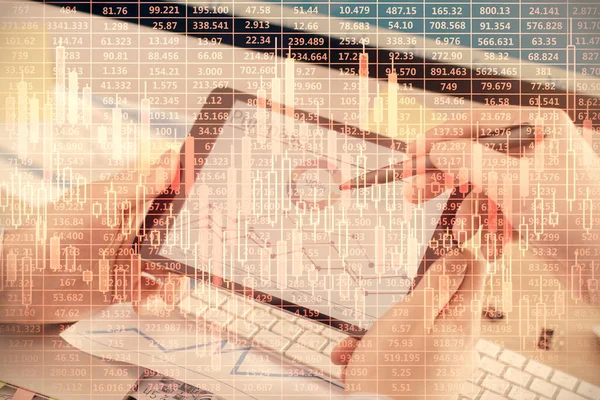 Double Exposure Man Hands Holding Using Phone Financial Chart Drawing — Stock Photo, Image