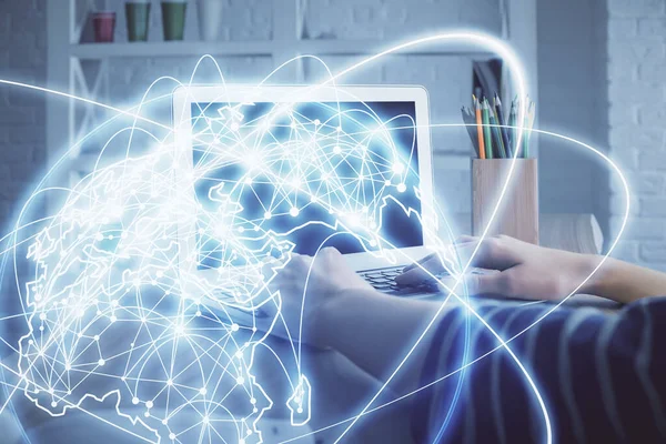 Double Exposure Woman Hands Typing Computer Business Theme Hologram Drawing — Stock Photo, Image