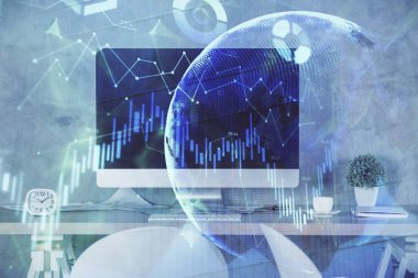 Finansal grafik çizimi ve ofis içi arka planının çoklu pozu. Pazar analizi kavramı.