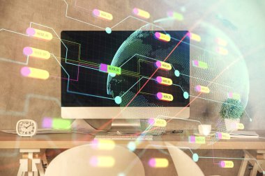 Dünya haritası çizimine ve ofis iç planına çoklu pozlama. Uluslararası ağ kavramı.