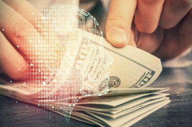 Beynin holograma maruz kalması, bize dolar banknotları ve insan eli çizmesi. Ai yatırım konsepti