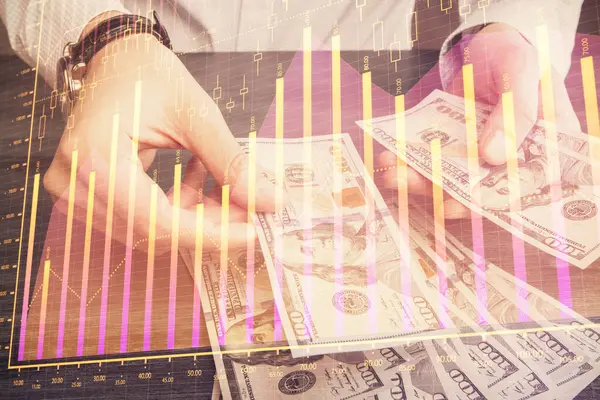 Multi Expozice Finanční Graf Kreslení Hologram Americké Dolary Bankovky Mužské — Stock fotografie