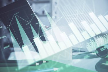 Bilgisayar geçmişi olan eski grafik hologramı. Çifte maruziyet. Finans piyasası kavramı.