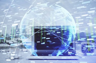 İş teması simgelerinin çifte pozlandırılması ve bilgisayar geçmişi olan çalışma alanı. Başarı kavramı.