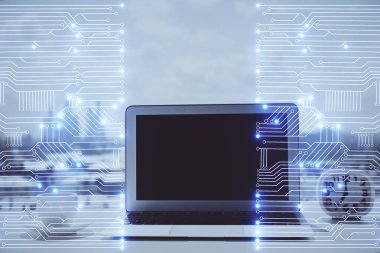 Bilgisayar, teknoloji temalı hologramla birlikte ofiste. Çifte maruziyet. Teknoloji kavramı.