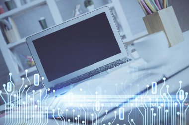 Arka planda kişisel bilgisayarı ve teknik tema çizimi olan iki kat masaüstü görüntüsü. Veri analizi kavramı.