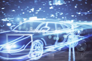 Otomobil hologramı çizimi olan masaüstü bilgisayar arkaplanı. Çoklu maruz kalma. Teknoloji kavramı.