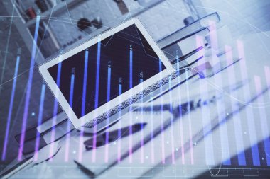 Bilgisayar geçmişi olan eski grafik hologramı. Çoklu maruz kalma. Finans piyasası kavramı.