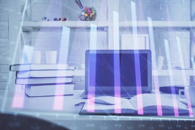 Bilgisayar geçmişi olan eski grafik hologramı. Çoklu maruz kalma. Finans piyasası kavramı.