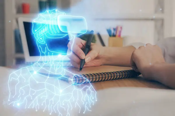 AR hologram over woman\'s hands taking notes background. Concept of augmented reality. Multi exposure