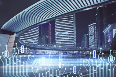 Veri temalı hologram gökdelenler arka planda çoklu pozlama ile şehir görünümüne çizim yapıyor. Büyük veri kavramı.