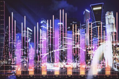 Yüksek binalar arka plan çok pozlama ile şehir scape mali grafik. Analiz kavramı.