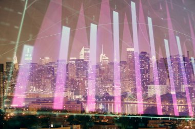 Cityscape arka plan üzerinde forex grafik çizimleri çift pozlama. Başarı kavramı.