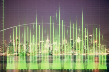 Yüksek binalar arka plan çok pozlama ile gece şehir scape mali grafik. Analiz kavramı.