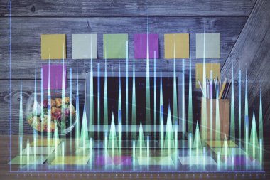 Forx grafiği ve bilgisayarla çalışma alanı çoklu pozlama. Uluslararası çevrimiçi ticaret kavramı.