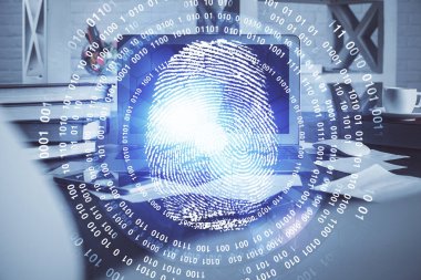 Ofisteki bilgisayarın parmak izi çizimi. Çifte maruziyet. İş veri güvenliği kavramı.