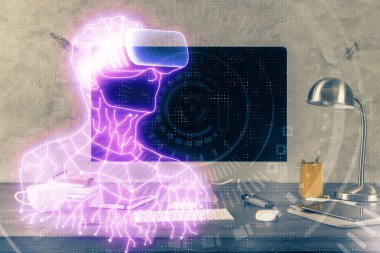 AR tema simgesi olan bilgisayar masaüstünde. Çoklu maruz kalma. Artırılmış gerçeklik kavramı.