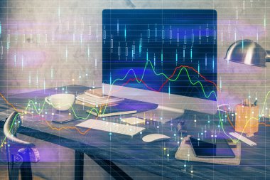 Forx grafiği ve bilgisayarla çalışma alanı çoklu pozlama. Uluslararası çevrimiçi ticaret kavramı.