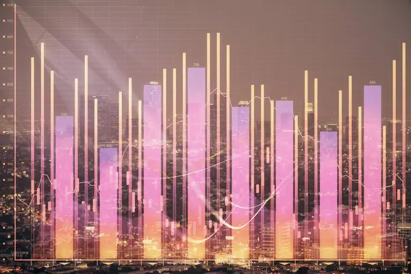 Finanční Graf Nočním Městském Prostředí Vysokými Budovami Pozadí Dvojité Expozice — Stock fotografie