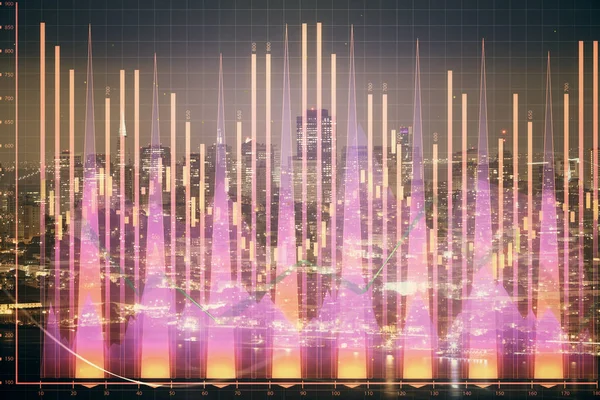 Фінансовий Графік Нічному Міському Пейзажі Високими Будівлями Фону Подвійної Експозиції — стокове фото