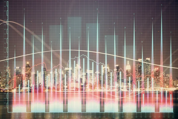 Фінансовий Графік Нічному Міському Пейзажі Високими Будівлями Фону Багатофункціональної Експозиції — стокове фото