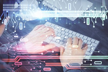 Bilgisayar arkaplanı üzerinde çalışan elleri olan iki kez teknolojik çizimlere maruz kalmış. Yenilik kavramı.