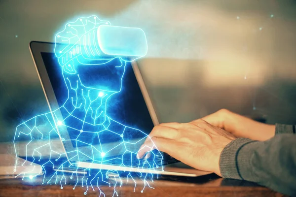 Hologramm Mit Einem Mann Der Computer Hintergrund Arbeitet Augmented Reality — Stockfoto