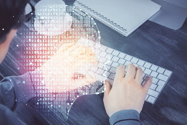 Человек Компьютерным Фоном Голограммой Мозга Концепция Мозгового Штурма Двойное Воздействие — стоковое фото