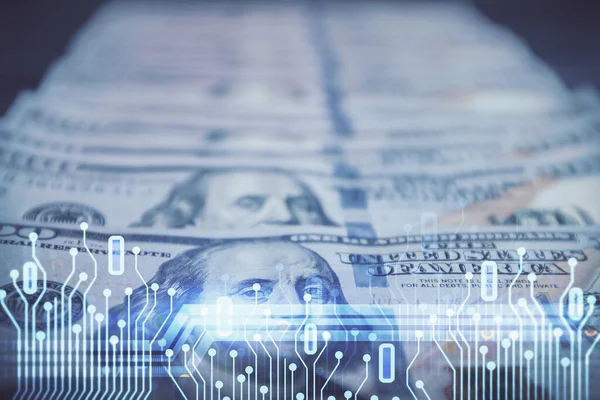 stock image Double exposure of data theme drawing over us dollars bill background. Technology concept.