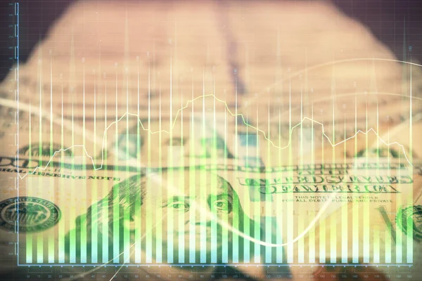 stock image Double exposure of forex graph drawing over us dollars bill background. Concept of financial markets.