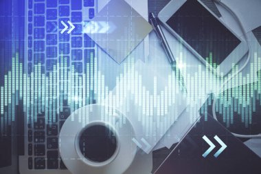 Bilgisayarla arka plan üzerine iki kat mali şema çizimi. Araştırma ve analiz kavramı. Üst görünüm.