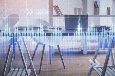 Hisse senedi borsası çizimine ve ofis iç planına çok maruz kalmış. Mali analiz kavramı.