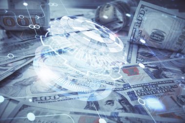 İki kez veri temasına maruz kalınca dolar banknotları arka planda kalıyor. Teknoloji konsepti.