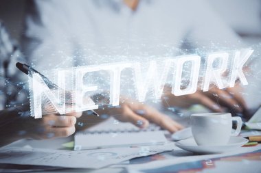 Veri temalı çizimin arka plan yazan insanların üzerine çifte pozlanması. Teknoloji kavramı