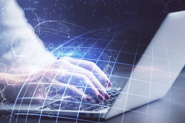 Double Exposure Woman Hands Working Computer World Map Hologram Drawing — Stock Photo, Image
