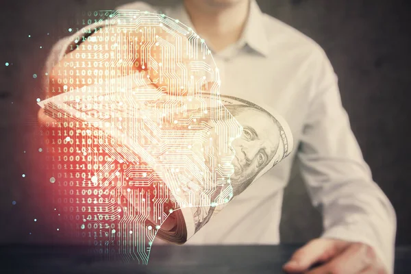 Exposição Múltipla Holograma Desenho Cerebral Notas Dólares Mãos Homem Investem — Fotografia de Stock