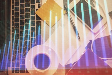 Bilgisayarla arka plan üzerine iki kat mali şema çizimi. Araştırma ve analiz kavramı. Üst görünüm.