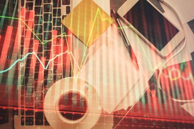 Bilgisayarla arka plan üzerine iki kat mali şema çizimi. Araştırma ve analiz kavramı. Üst görünüm.